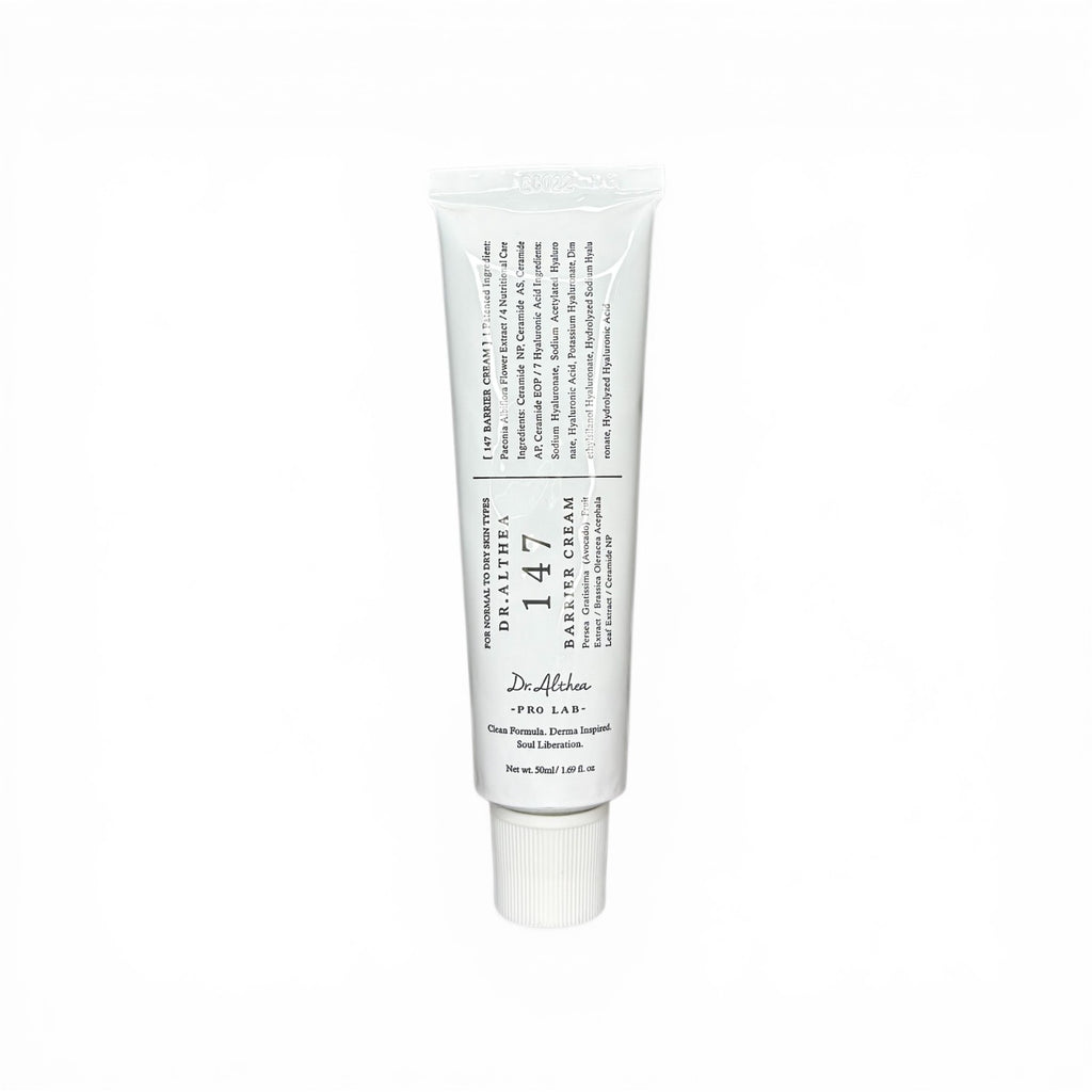 Natur K Beauty Dr. Althea 147HA Barrier Cream for normal to dry skin, 50ml tube with soothing and repairing ingredients.