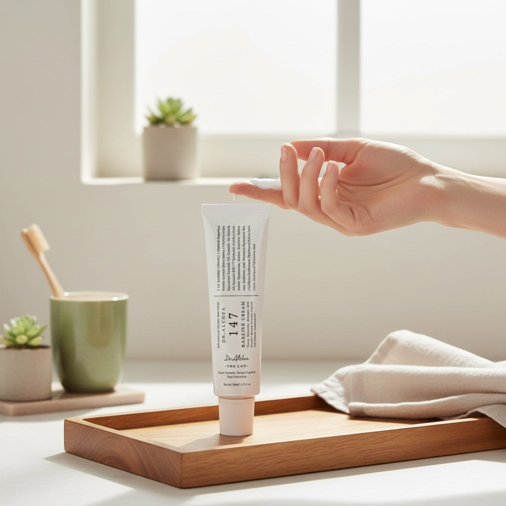 Natur K Beauty Dr. Althea 147HA Barrier Cream tube with a drop of cream on a fingertip. Soothing and repairing.